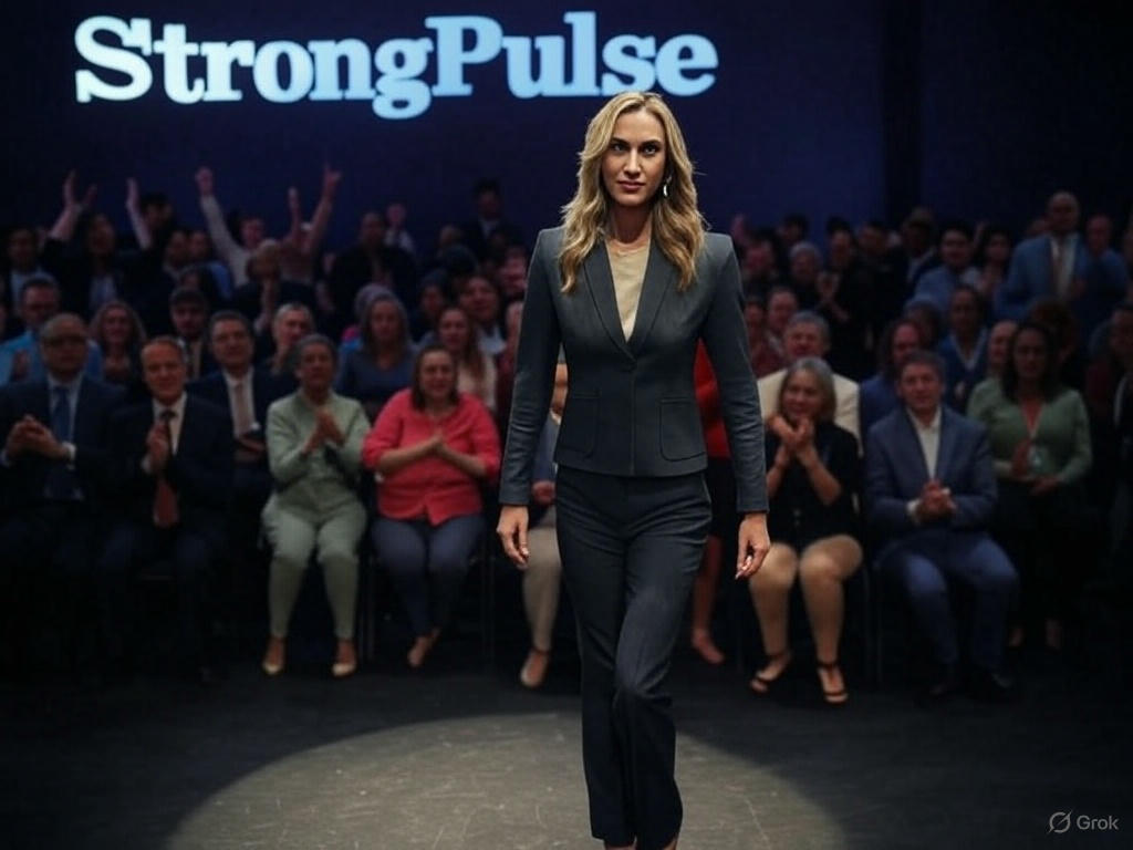 A cinematic scene of Lara Trump stepping out of a spotlight, with the two-word tip 'Strong Pulse' from Fox News stars written in bold letters on a massive screen, surrounded by a cheering audience and news ticker tapes.